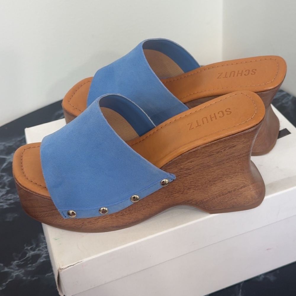 Schutz Blue Suede Wedge Heel Clog Sandals Lanneh Women's Size 8 AUTHENTIC NEW - Picture 2 of 9